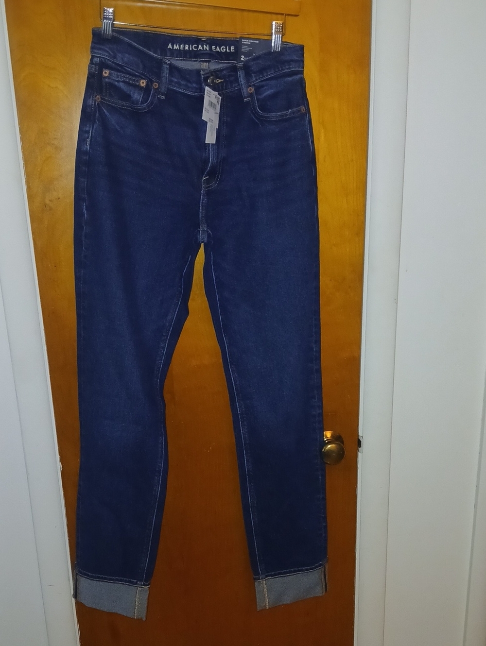 American Eagle Straight Super High Rise Cuffed Dark Denim Size 2 Long
